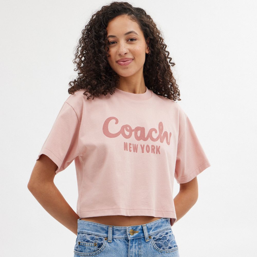 Pink Coach Cursive Signature Cropped T Shirt Women Tops | 682IDOHLW