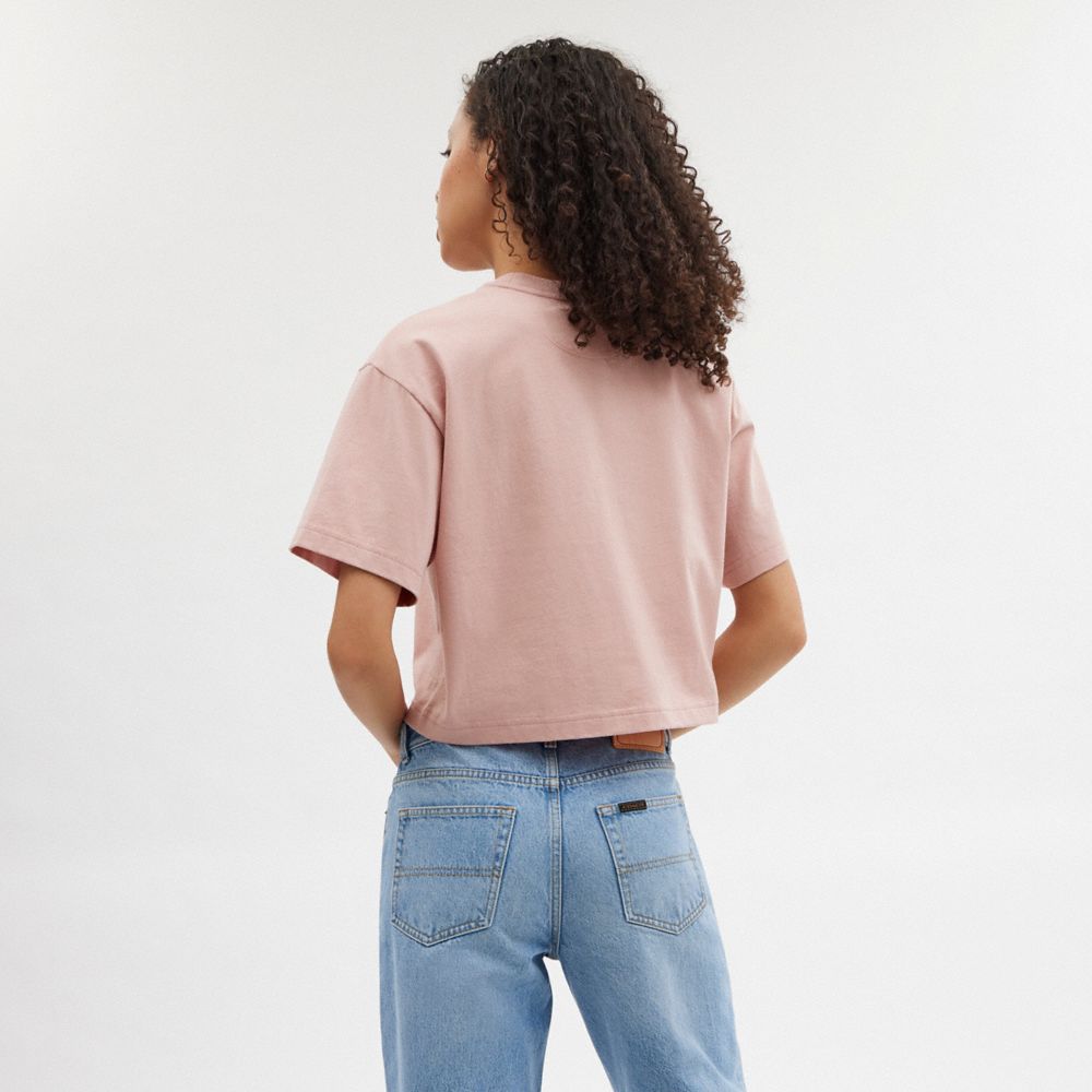 Pink Coach Cursive Signature Cropped T Shirt Women Tops | 682IDOHLW