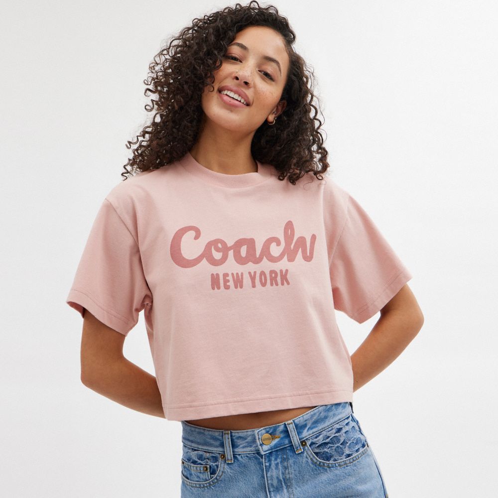 Pink Coach Cursive Signature Cropped T Shirt Women Tops | 682IDOHLW