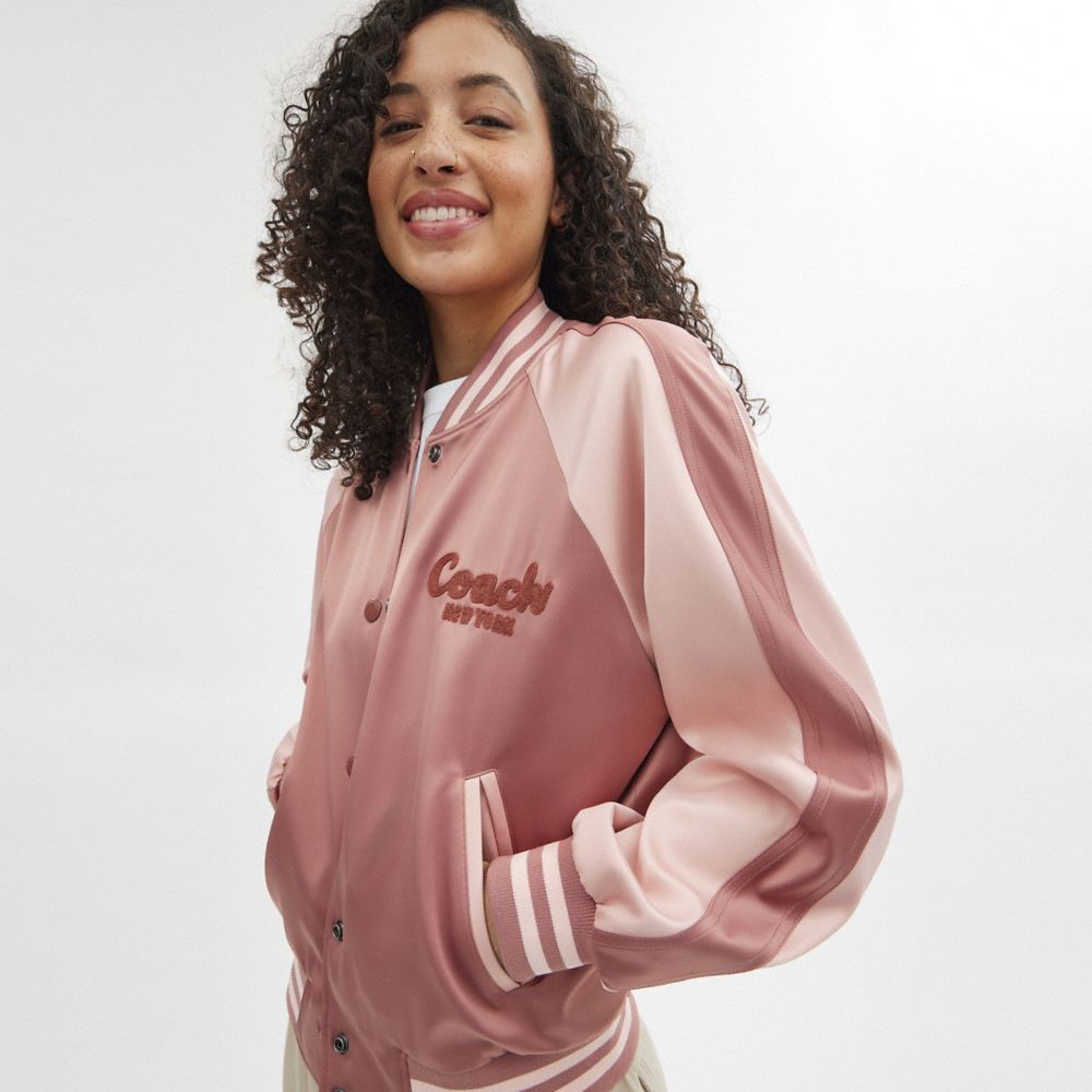 Pink Coach Satin Varsity Jacket Women Jackets & Outerwear | 032MNATOX