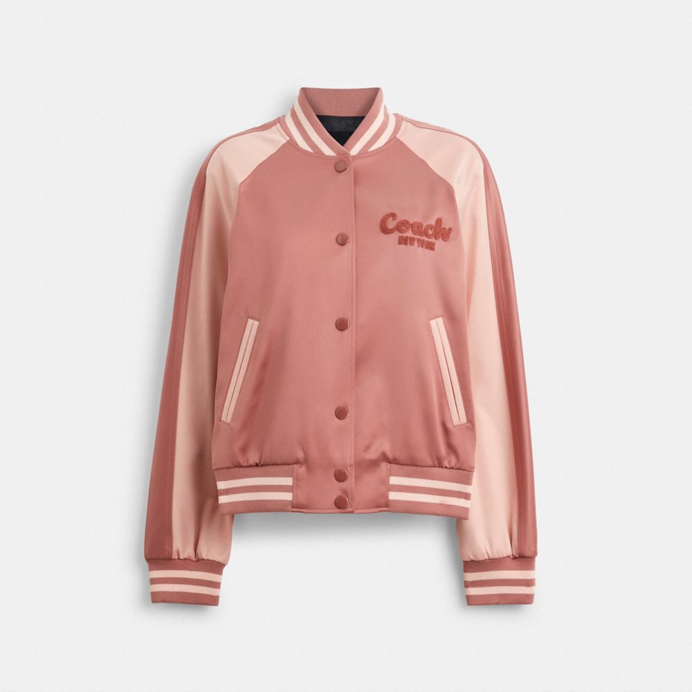 Pink Coach Satin Varsity Jacket Women Jackets & Outerwear | 032MNATOX