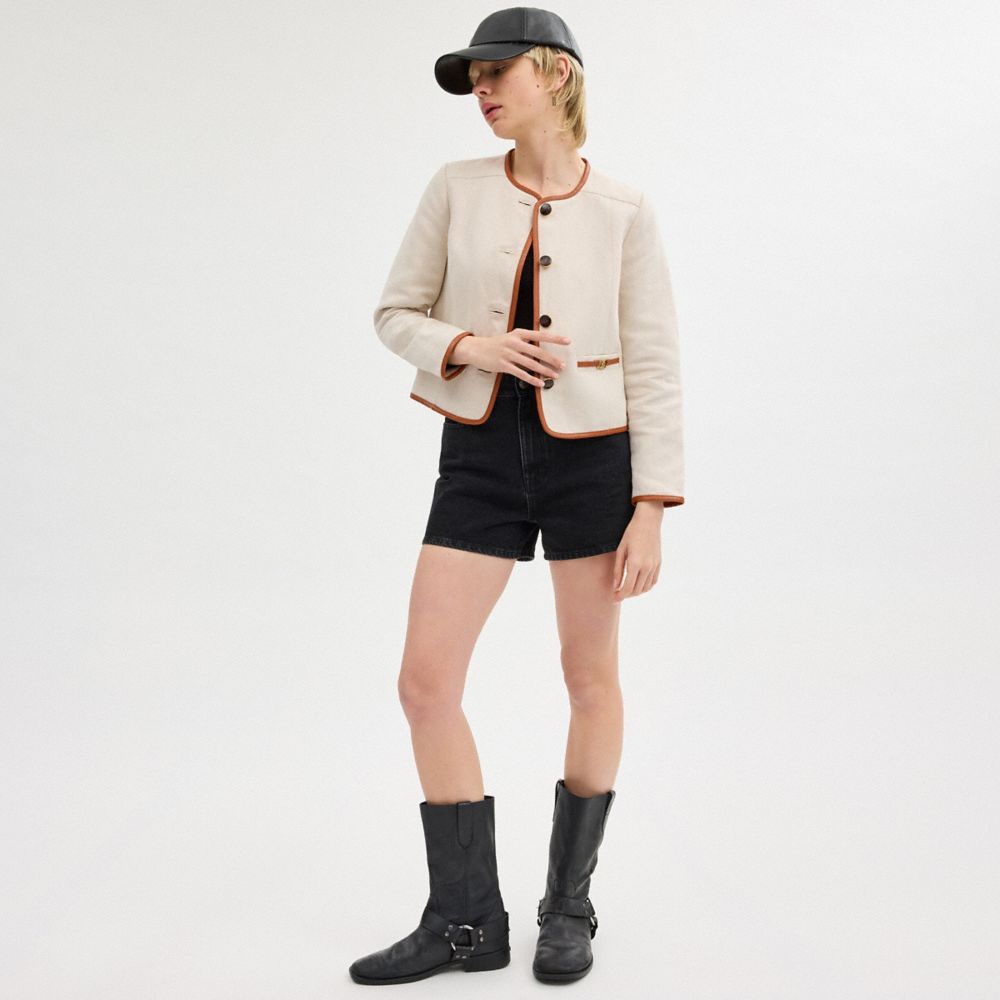 Saddle/Cream Coach Heritage C Canvas Cardigan Jacket With Leather Trim Women Jackets & Outerwear | 604ULGBFX