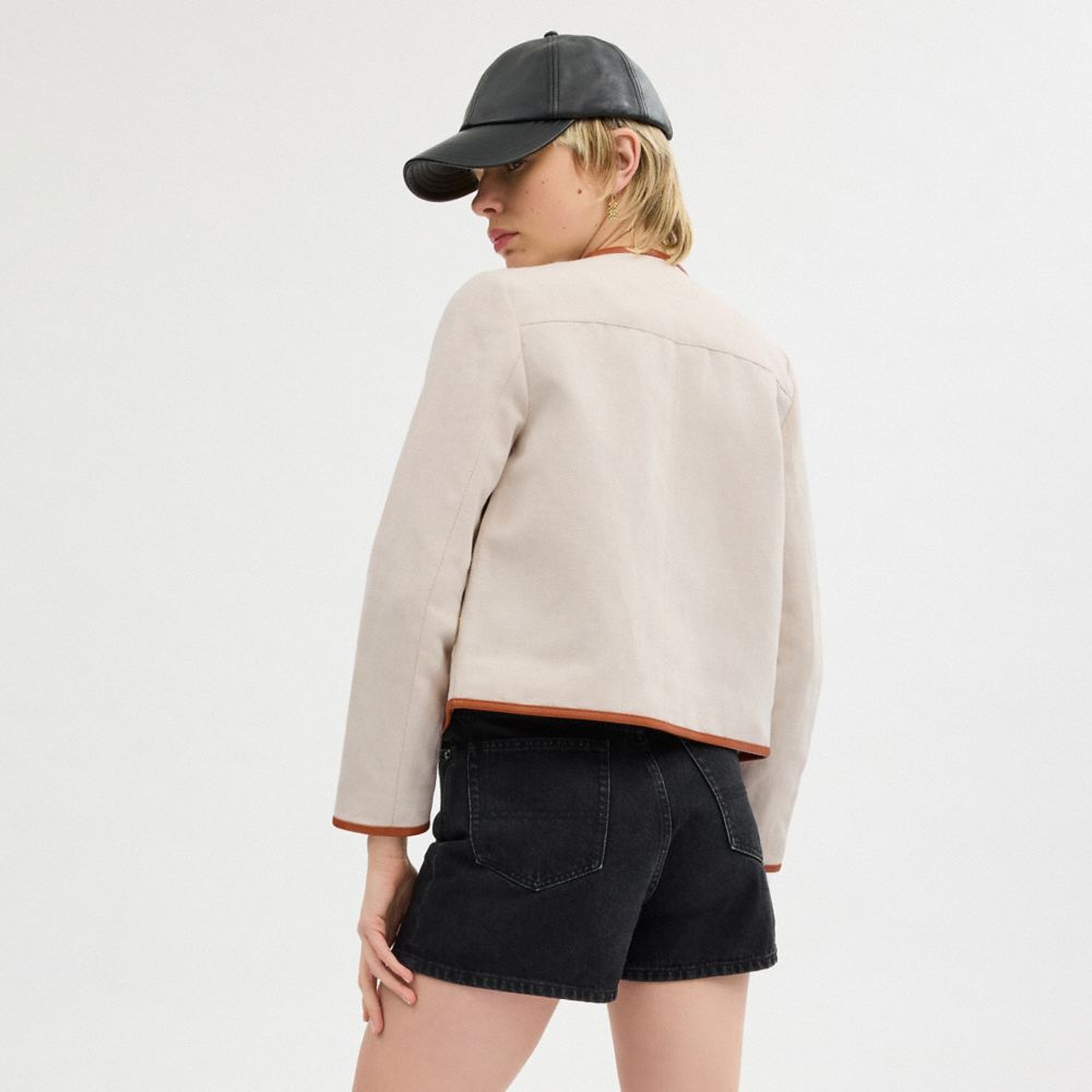 Saddle/Cream Coach Heritage C Canvas Cardigan Jacket With Leather Trim Women Jackets & Outerwear | 604ULGBFX