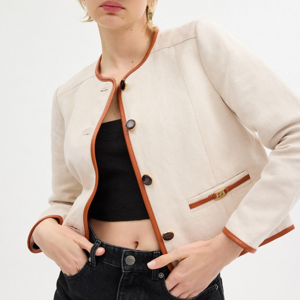 Saddle/Cream Coach Heritage C Canvas Cardigan Jacket With Leather Trim Women Jackets & Outerwear | 604ULGBFX