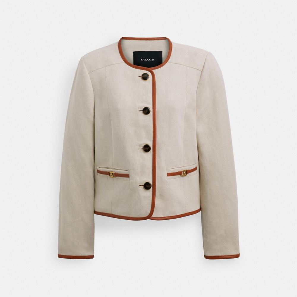 Saddle/Cream Coach Heritage C Canvas Cardigan Jacket With Leather Trim Women Jackets & Outerwear | 604ULGBFX