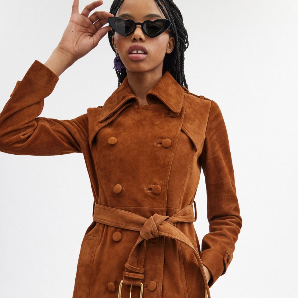 Saddle Coach Heritage C Suede Trench Coat Women Jackets & Outerwear | 381PWMOZY