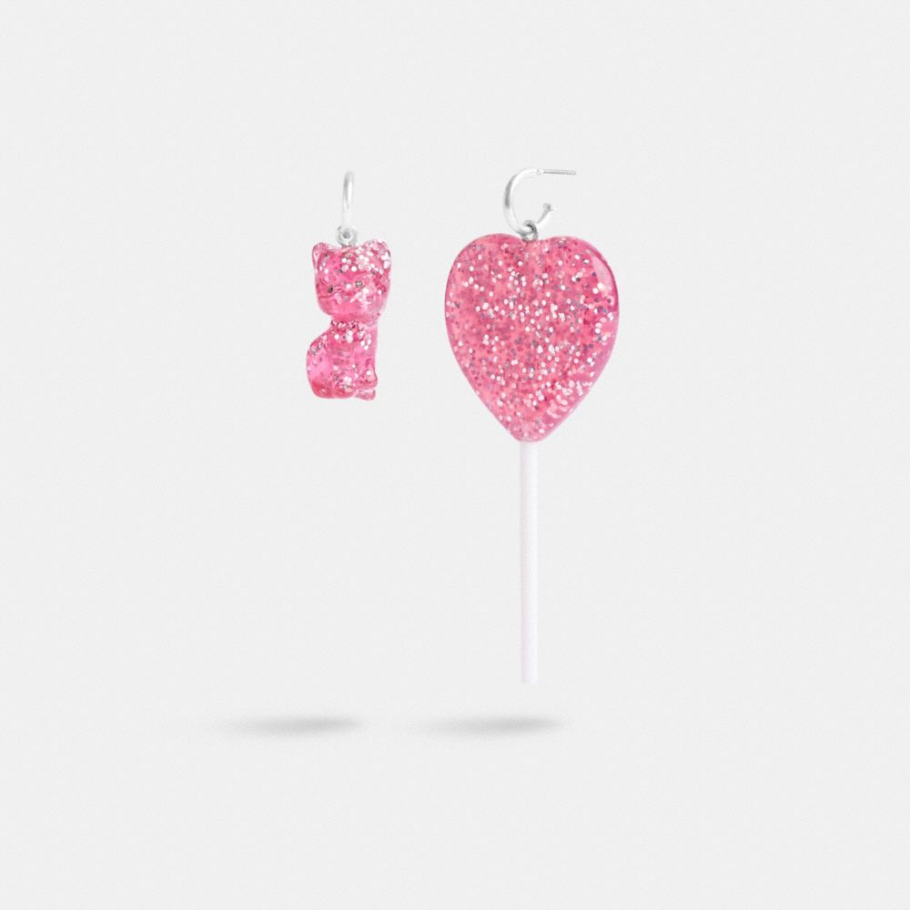 Silver / Pink Coach The Lil Nas X Drop Cat And Heart Lollipop Mismatch Earrings Women Jewelry | 407WSRZDM