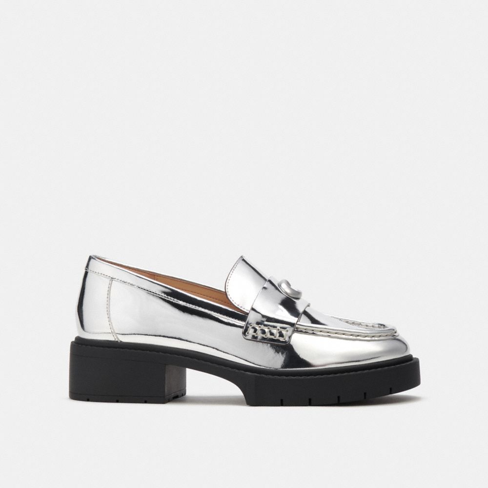 leather/Silver Coach Leah Loafer In Silver Metallic Women Flats & Loafers | 981NKUPEC