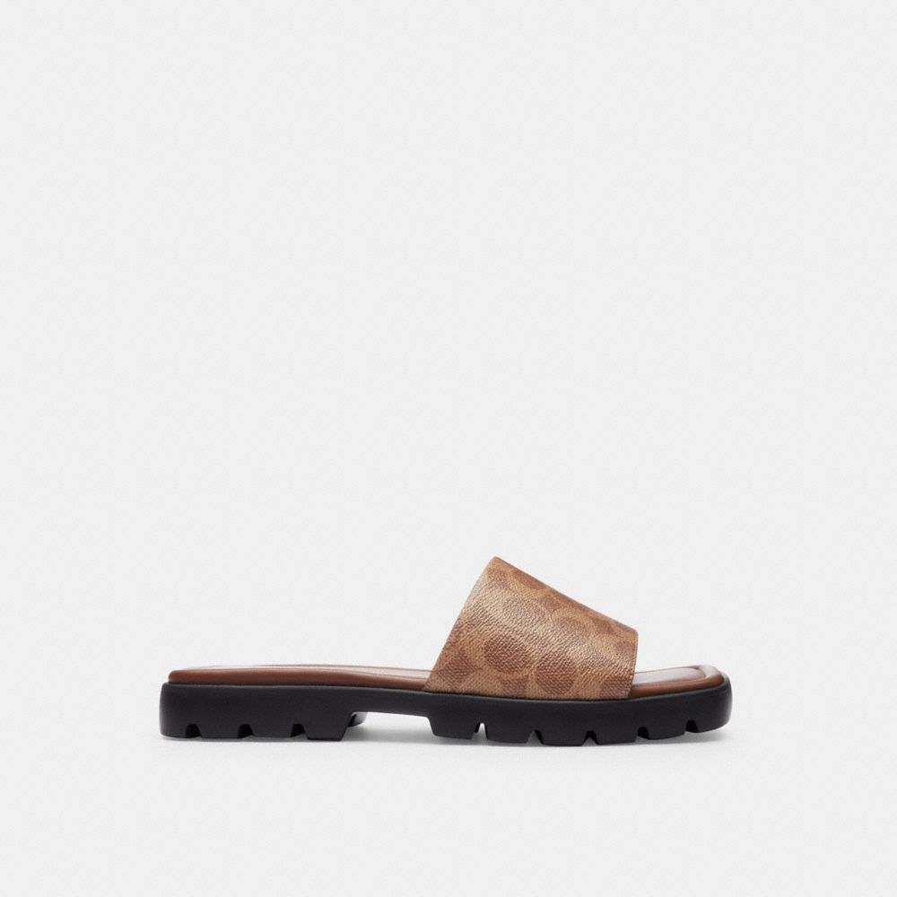 signature coated canvas/Khaki/Dark Saddle Coach Florence Sandal In Signature Canvas Women Sandals | 215HALMCV