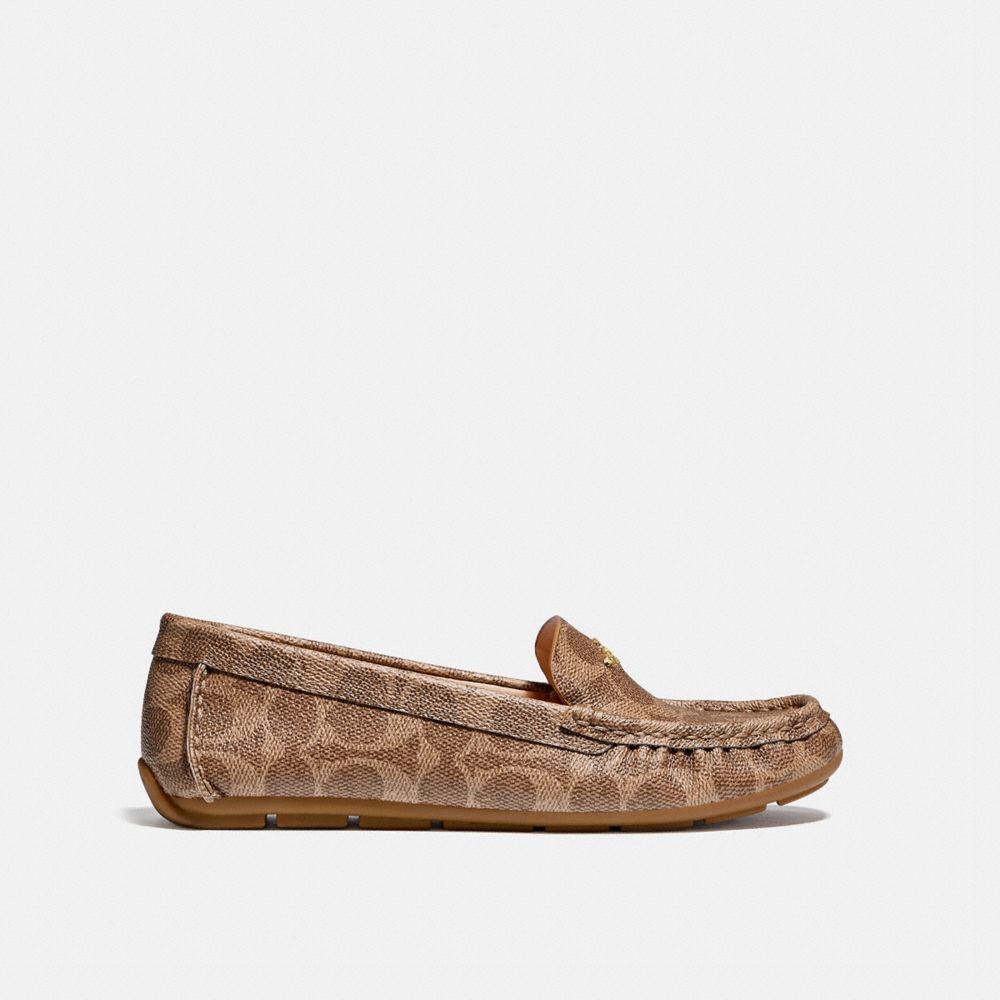 signature coated canvas/leather/Tan Coach Marley Driver Women Flats & Loafers | 749NQSTUJ